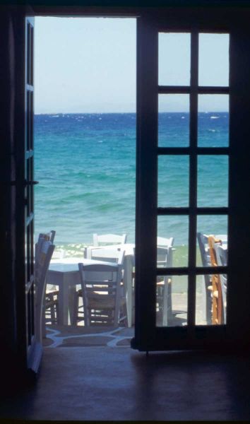 Greece, Island of Mykonos Ocean through door